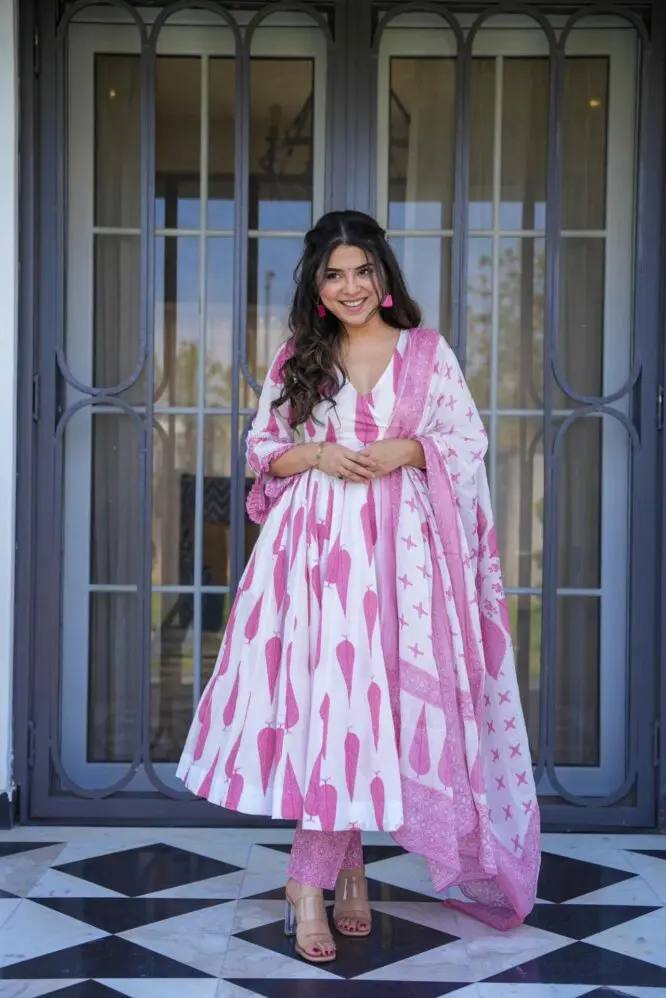 Pink Cotton Printed Anarkali Suit