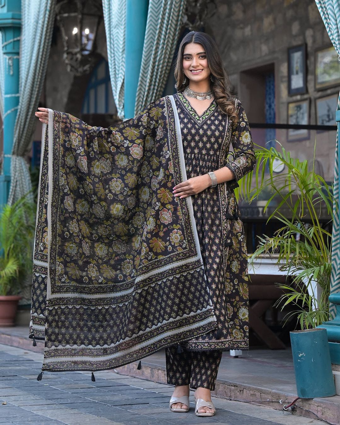 Cotton Dabu Printed & Embroidered  Kurta Pant & Dupatta Set  (2 Colors)