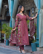 Cotton Dabu Printed & Embroidered  Kurta Pant & Dupatta Set  (2 Colors)