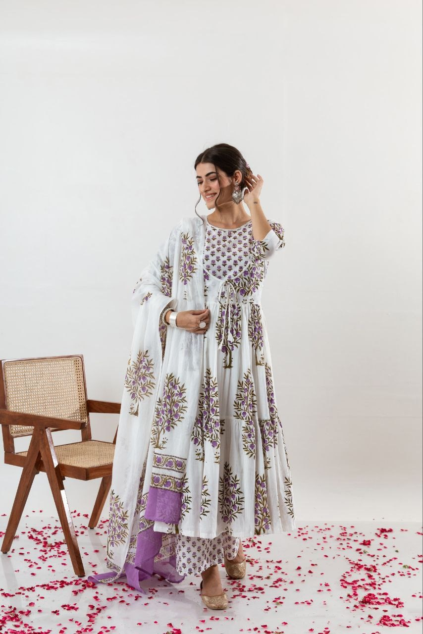 Lavender Anar Printed Gathered Kurta With With Tie Up Details With Palazzo