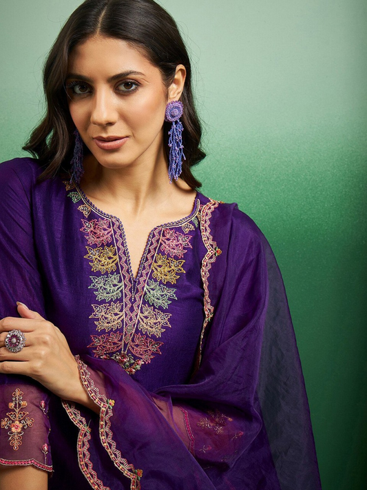 Violet Chanderi Embroidered Kurta Pant & Dupatta- Only One Left