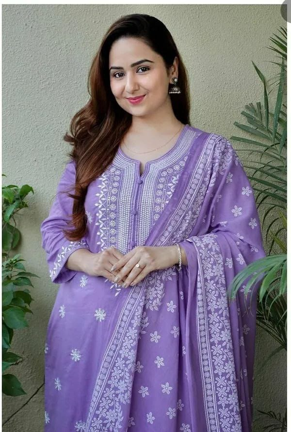 Purple Cotton Embroidered Kurta Pant & Dupatta