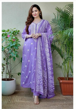 Purple Cotton Embroidered Kurta Pant & Dupatta