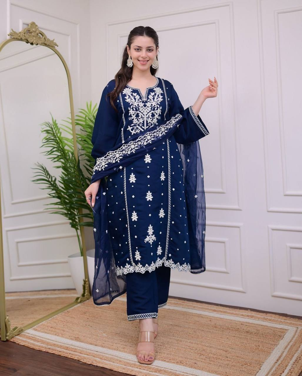 Rayon Embroidered Kurta Pant With Organza Dupatta