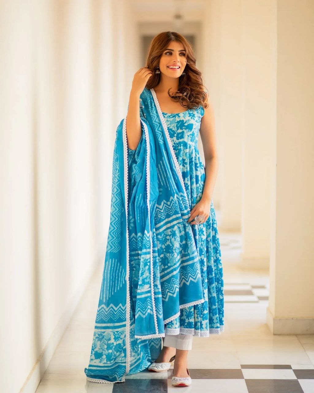 Cyan Blue Cotton Block Printed Anarkali  Suit