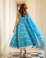 Cyan Blue Cotton Block Printed Anarkali  Suit