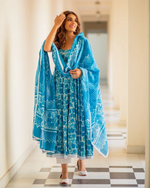 Cyan Blue Cotton Block Printed Anarkali  Suit