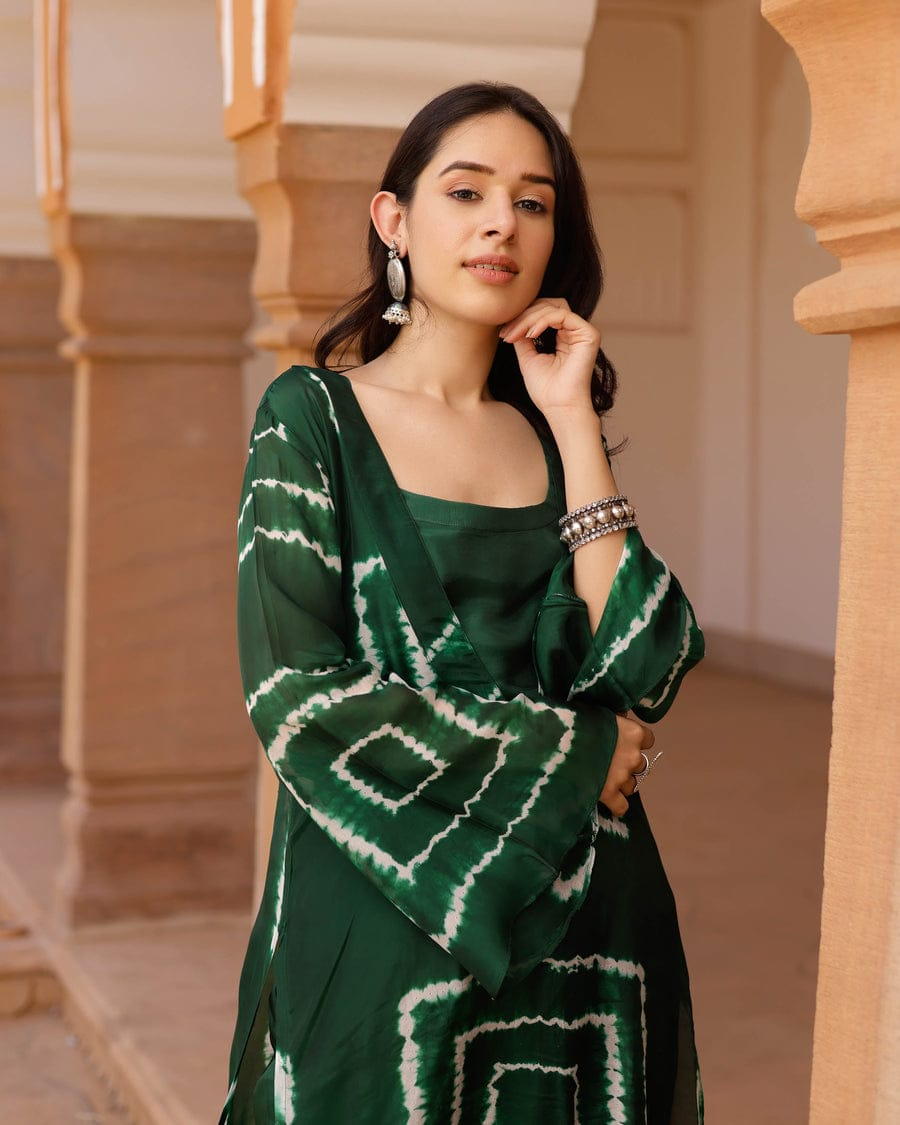 Rayon Bottle Green Tye- Dye Prosen Printed Kurta Pant Set