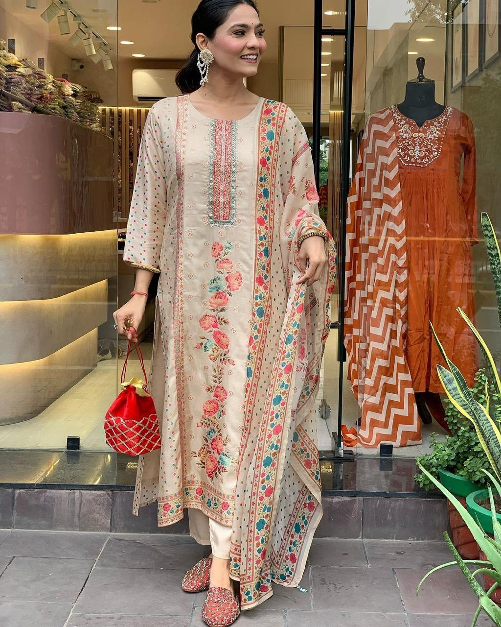 Muslin Sequence Printed Lining Kurta Pant &  Dupatta