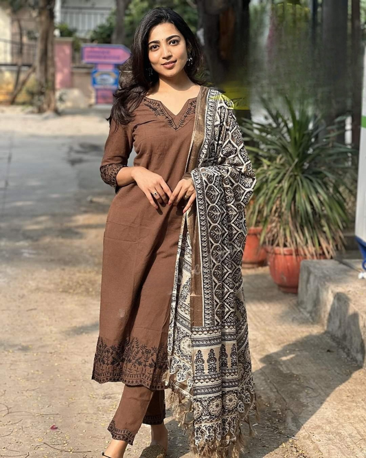 Brown Cotton Khadi Kurta Pant & Kalamkari Dupptta