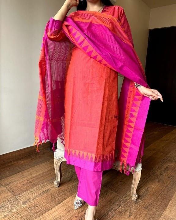 South Cotton Hand Loom Self Thread Butti Kurta Pant & Dupatta With Temple Border