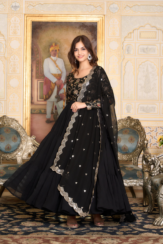 Georgette Jaquard Work Festival Gown With Dupatta ( 2 Colors)