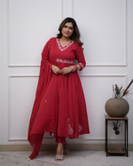 Red Cotton Embroidered Kurta Pant & Mulmul Dupatta