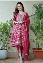 Jam Red Cotton Printed Kurta &  Dhoti With Dupatta