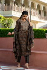 Cotton Ajrakh Printed Sequence Adda &  Embroidered Kurta Pant & Dupatta