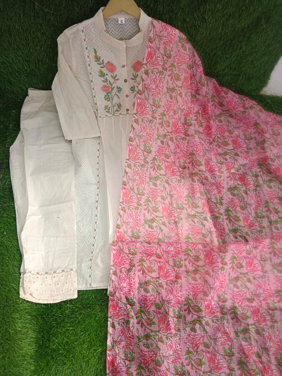 Cotton Dobby Self zikzak & Schiffli Kurta Pant WIth Dupatta