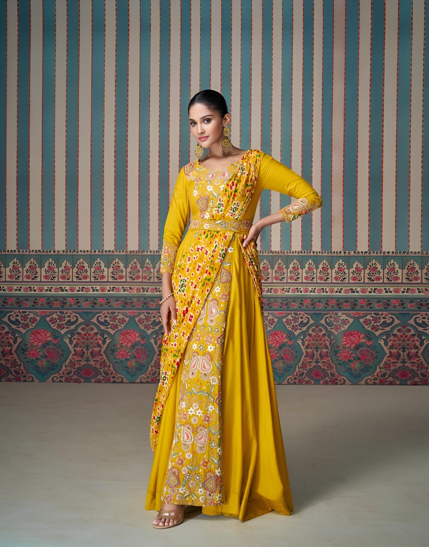 Silk Embroidered Sari Suit - Haldi Wear