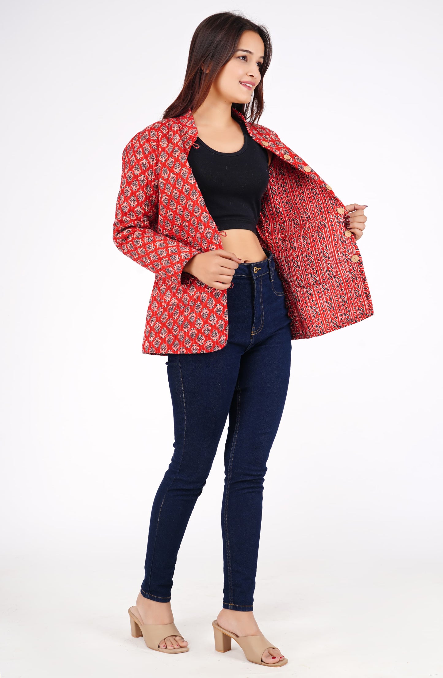 Red Printed Quilted Reversible Jacket