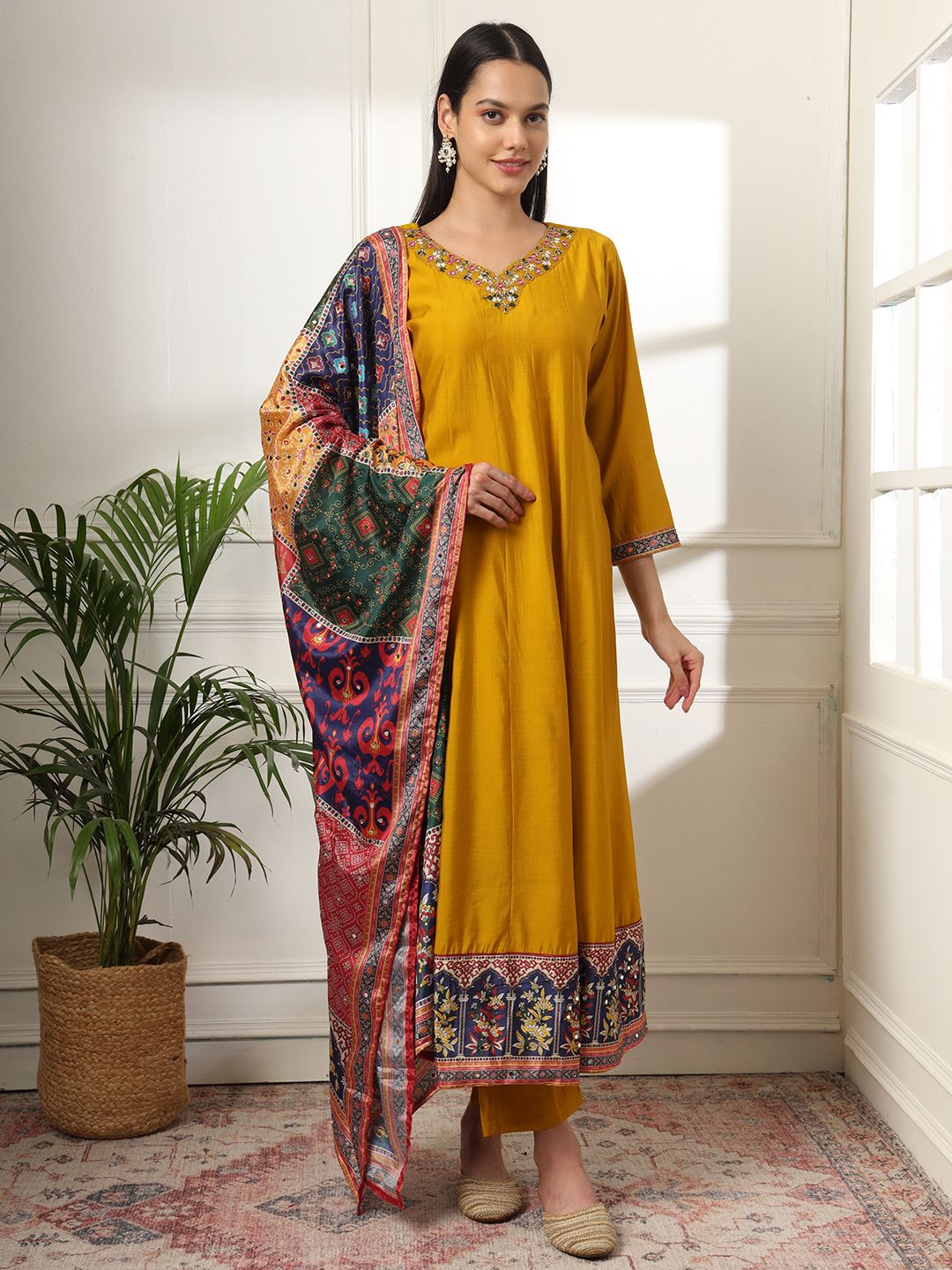 Mustard Anarkali Silk Blend Kurta Dupatta Set