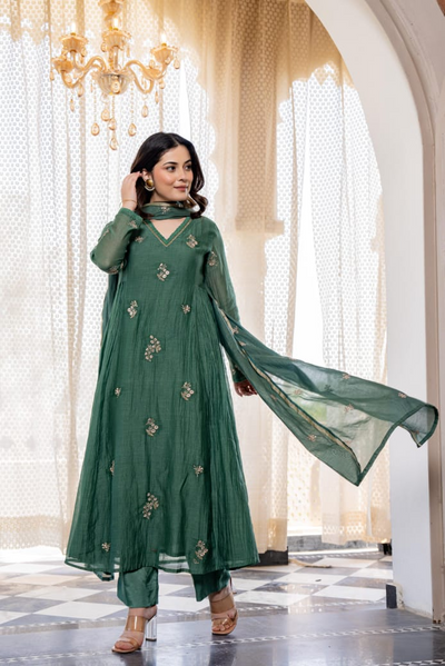 Green Mal Chanderi Suit With Organza Dupatta