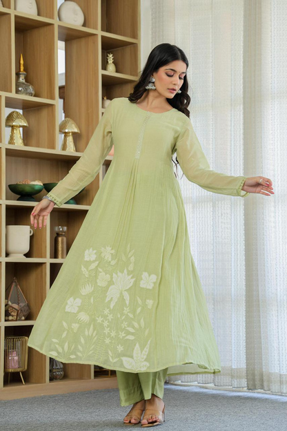 Mul Chanderi Embroidered Suit With Hand Work - 2 Pastel Colours