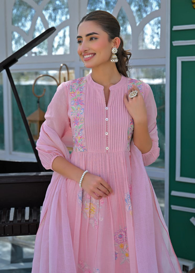 Pink Mul Cotton Embroidered Kurta Pant & Dupatta With Lining