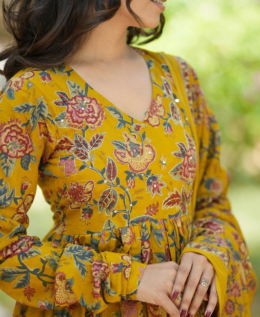 Cotton Printed Anarkali Suit With Hand Work