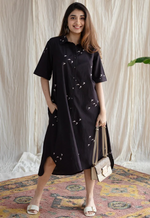 Black Floral Cotton Midi Shirt Dress