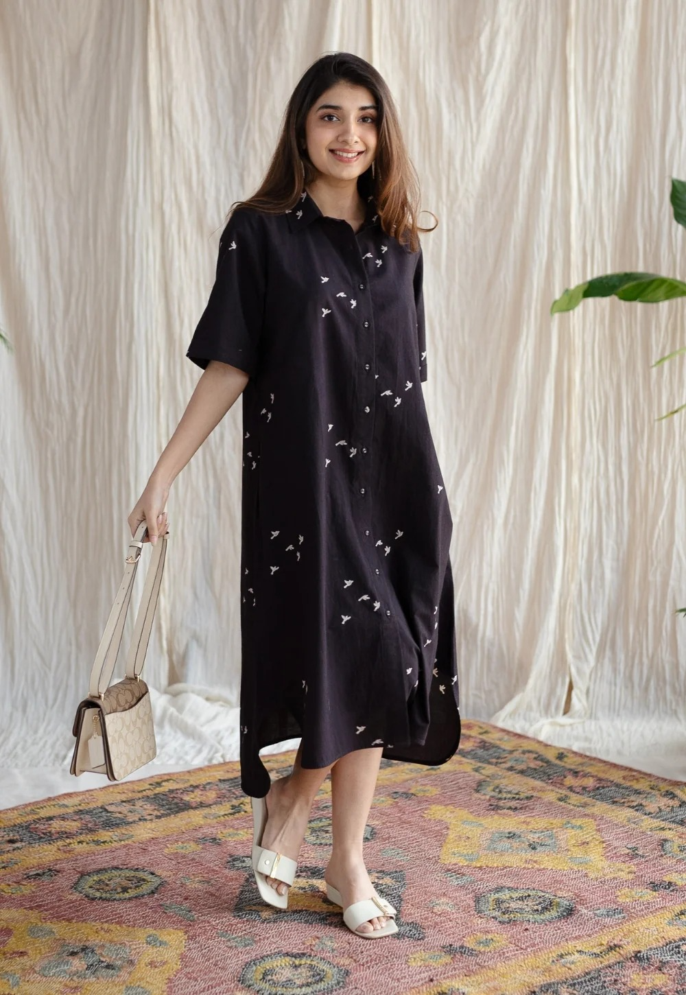 Black Floral Cotton Midi Shirt Dress