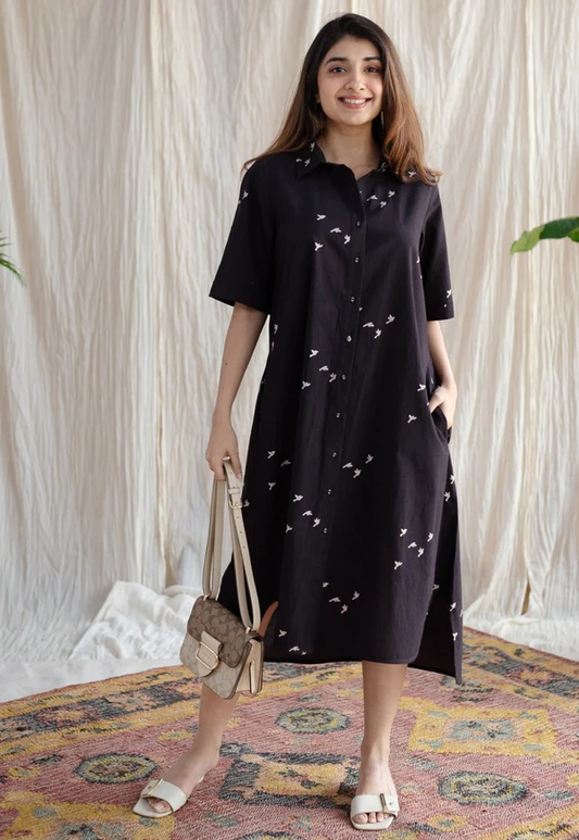 Black Floral Cotton Midi Shirt Dress