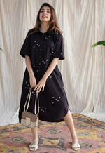 Black Floral Cotton Midi Shirt Dress