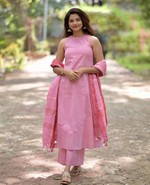 Pink Handloom A Line Kurti With Palazzo & Linen Dupatta