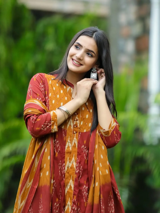Bandhej Cotton Double Layered Anarkali Suit
