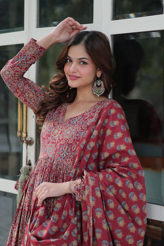 Ajrakkh Cotton Flared Anarkali Suit