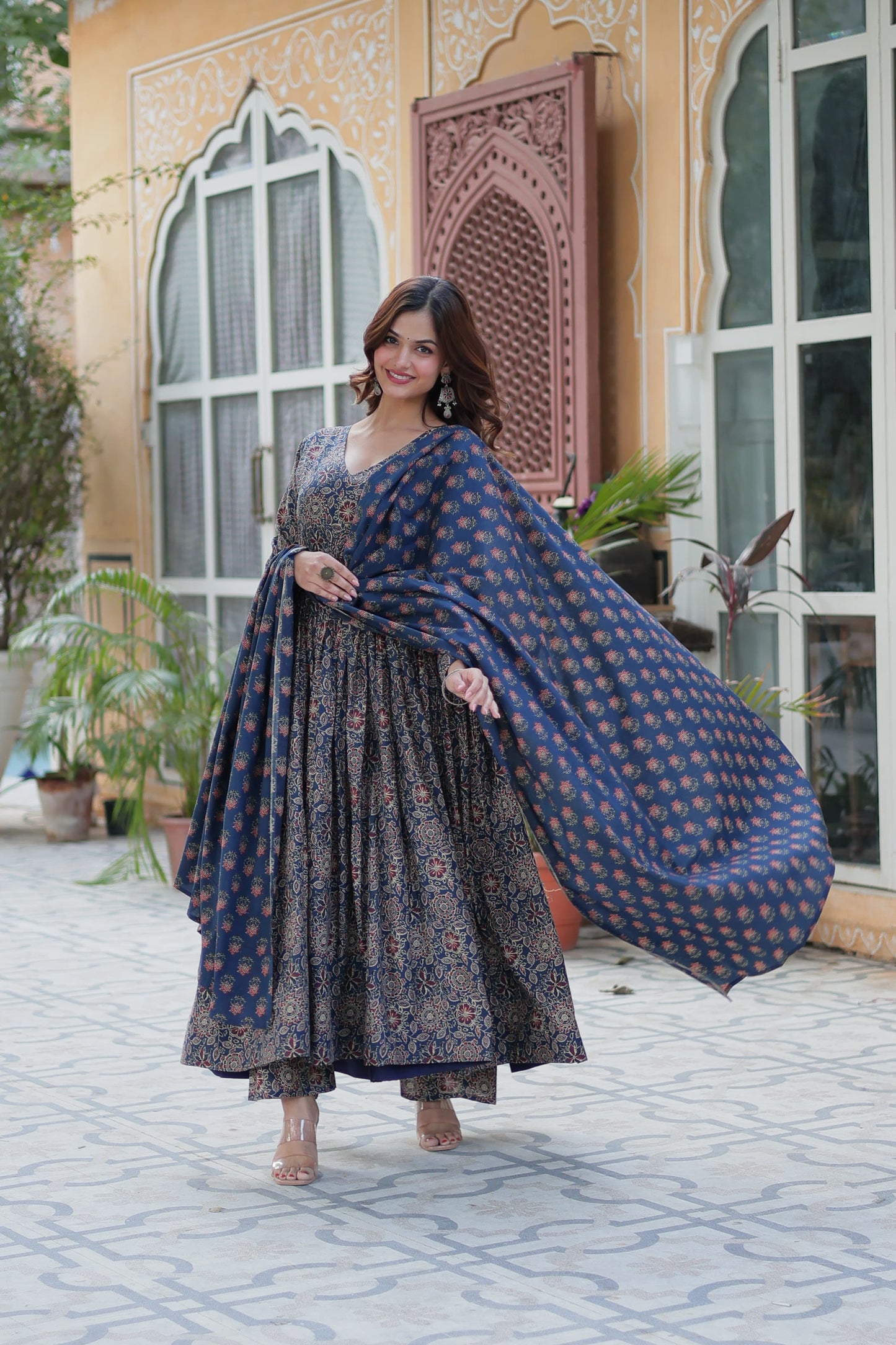 Blue Ajrakkh Cotton Anarkali Suit