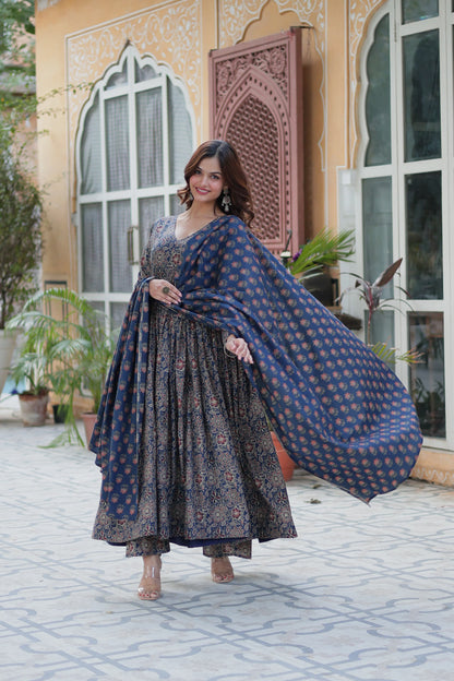 Blue Ajrakkh Cotton Anarkali Suit