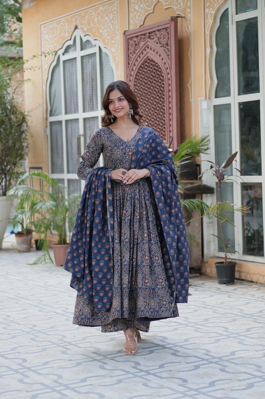 Blue Ajrakkh Cotton Anarkali Suit