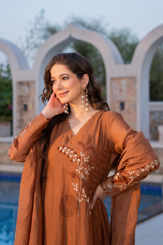 Brown Banarasi Mal Chanderi  Embroiderd Anarkali Suit with Patch work