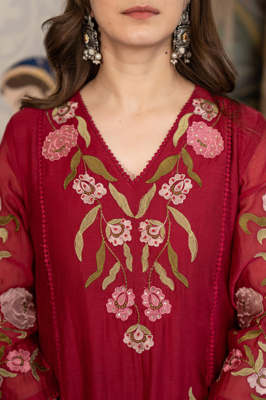 Red Mul Chanderi Embroidered Suit Set With Cotton Lining