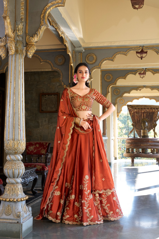 Orange Thread Embroidered Silk Lehenga Choli