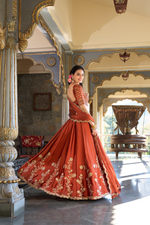 Orange Thread Embroidered Silk Lehenga Choli