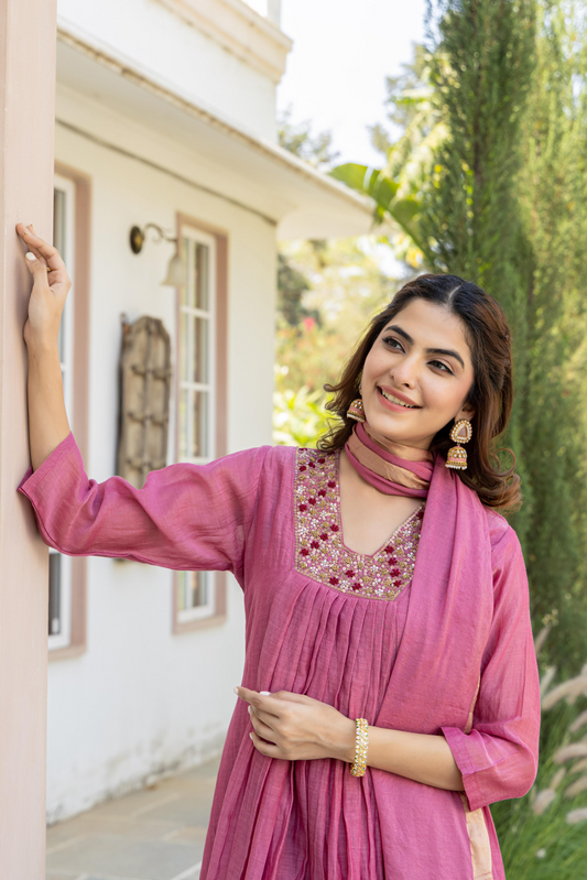 Pink Mul Chanderi A- Line Pleated Suit Set