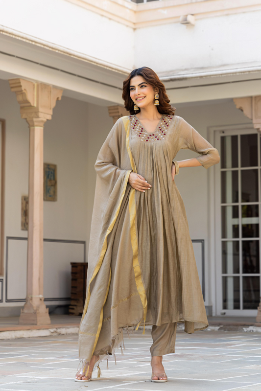 Beige Mul Chanderi A- Line Pleated Suit Set