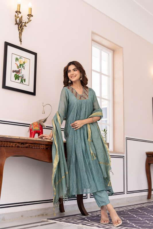 Aqua Mul Chanderi A- Line Pleated Suit Set