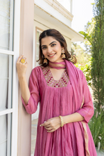 Pink Mul Chanderi A- Line Pleated Suit Set