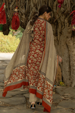 Red Bagru Hand Block Printed Cotton Kurta Pant & Dupatta Set