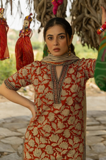 Red Bagru Hand Block Printed Cotton Kurta Pant & Dupatta Set