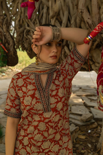 Red Bagru Hand Block Printed Cotton Kurta Pant & Dupatta Set