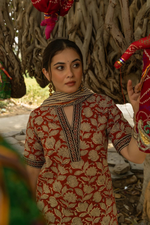 Red Bagru Hand Block Printed Cotton Kurta Pant & Dupatta Set