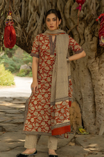 Red Bagru Hand Block Printed Cotton Kurta Pant & Dupatta Set